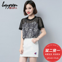 碎花雪纺衫短袖女2017新款 夏季宽松百搭网纱拼接上衣雪纺蕾丝衫