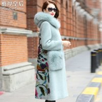 憨厚皇后2018秋冬新款海宁皮羊剪毛大衣女长款狐狸毛印花外套W