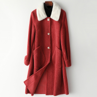 海宁新款水貂毛领羊毛皮大衣女士长款羊剪毛外套T