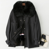 海宁2019秋冬兔毛内胆派克服皮女士狐狸毛领夹棉外套S