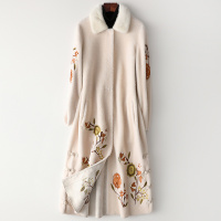 海宁2019秋复合皮毛一体女小颗粒羊毛水貂毛领绣花外套W