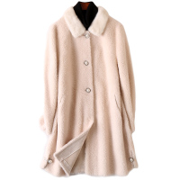 2020春季新款流行羊毛皮大衣女士时尚长款淡粉色长外套