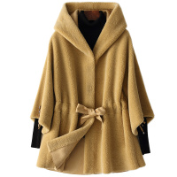 憨厚皇后100%羊毛羊剪绒大衣秋冬时尚连帽修身皮草外套女中长款休闲