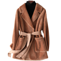 帕波仕蒂100%羊毛羊剪绒大衣海宁时尚秋冬新款女士中长款修身外套