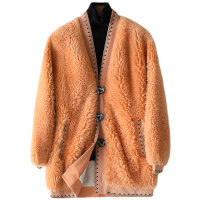 憨厚皇后海宁2021秋冬新款羊皮毛一体大衣女士时尚V领外套