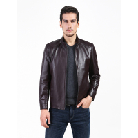 汤尼保罗TONYPAULO商务休闲时尚立领百搭男士真皮外套暗红色