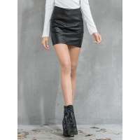 汤尼保罗TONYPAULO女款优雅时尚百搭拼接感设计短款包臀裙真皮皮裙