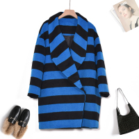 汤尼保罗条纹拼色羊毛大衣蓝色