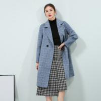 汤尼保罗气质格纹中长款羊毛大衣蓝色