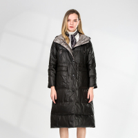 汤尼保罗长款连帽羽绒真皮皮衣黑色