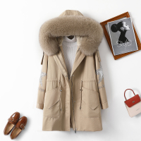 汤尼保罗连帽兔毛内胆钉珠长款派克服皮草卡其色