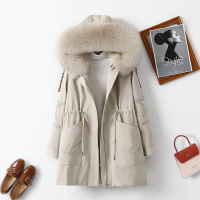 汤尼保罗连帽兔毛内胆钉珠长款派克服皮草米灰色