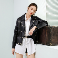 汤尼保罗帅气金属装饰真皮皮衣黑色