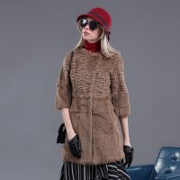汤尼保罗中长款七分袖圆领兔毛皮草咖啡色