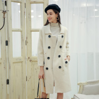 汤尼保罗双排扣长款羊毛复合皮草米白