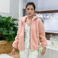 汤尼保罗熊耳造型羊羔毛皮草粉色