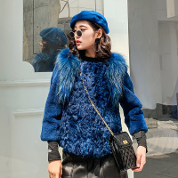 汤尼保罗貉子毛领短款羊毛兔毛皮拼接皮草蓝色