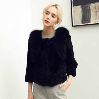 汤尼保罗貉子毛领短款羊毛兔毛皮拼接皮草黑色
