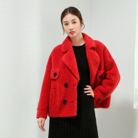 汤尼保罗双排扣短款羊毛复合皮草大红色