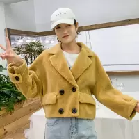 汤尼保罗双排扣短款羊毛复合皮草姜黄色
