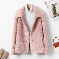 汤尼保罗翻领宽松颗粒绒复合皮草粉色