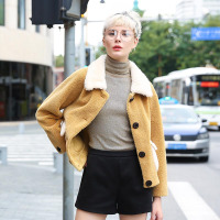 汤尼保罗翻领短款羊毛复合皮草姜黄色