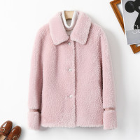 汤尼保罗翻领宽松颗粒绒复合仿皮草粉色