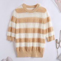 汤尼保罗复古条纹圆领针织衫卡其色