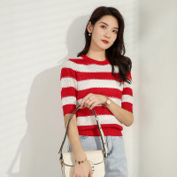 汤尼保罗复古条纹圆领针织衫大红色