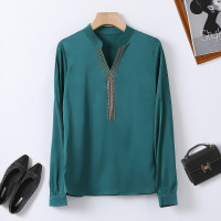 汤尼保罗气质流苏V领长袖衬衫绿色