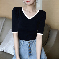 汤尼保罗优雅撞色中袖T恤黑色