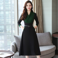 汤尼保罗优雅淑女假两件修身拼色连衣裙