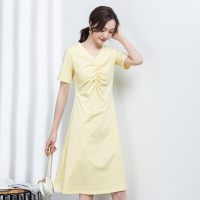 汤尼保罗简约褶皱V领显瘦连衣裙