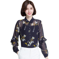 恒源祥女士衬衫袖春装款蓝色印花真丝衬衫女桑蚕丝春季长袖上衣