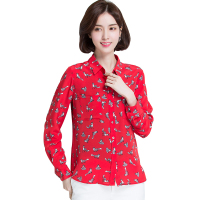 恒源祥女士衬衫春季款100%桑蚕丝衬衫女长袖真丝气质花色衬衣女