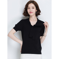 恒源祥女士针织T恤夏款针织上衣宽松打底衫女蝴蝶结针织衫薄款短袖T恤