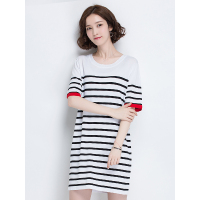 恒源祥短袖女针织衫夏款冰丝中长款套头条纹撞色针织裙薄款女款短袖打底t恤