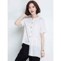 恒源祥女士短袖衬衣女款潮流时尚圆领韩版宽松不规则上衣