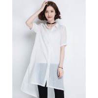 恒源祥女士短袖衬衫 不规则上衣女纯色翻领宽松中长款外搭气质开衫衬衣