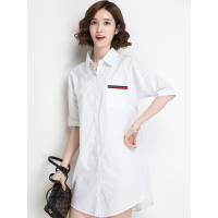 恒源祥女士短袖衬衫夏款中长翻领宽松休闲纯色中袖衬衫裙