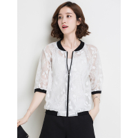 恒源祥女士棒球服外套春秋款圆领树叶蕾丝中袖拉链开衫外套女装上衣