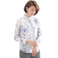 恒源祥女士100桑蚕丝衬衫2020春款木耳边领口门襟长袖桑蚕丝上衣印花衬衫女