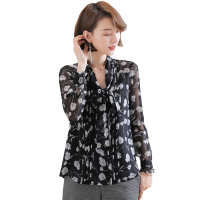 恒源祥女士桑蚕丝衬衫2020新款印花蝴蝶结休闲上衣长袖桑蚕丝衬衣