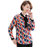 恒源祥女士桑蚕丝衬衫2020新款女长袖洋气蝴蝶结印花时尚桑蚕丝衬衫