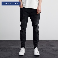Lilbetter牛仔裤男 春季新款破洞长裤复古修身小脚潮流男士休闲裤