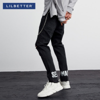 Lilbetter男士休闲裤 时尚印花小脚裤潮牌破洞裤子春秋季牛仔裤男