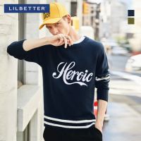 Lilbetter男士毛衣 冬装条纹撞色套头线衣纯棉字母印花针织衫男潮