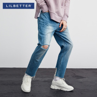 Lilbetter男士牛仔裤 破洞修身复古休闲裤水洗毛边春装九分裤男潮