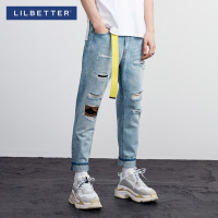 Lilbetter男士牛仔裤 破洞水洗刺绣乞丐裤潮牌直筒裤小脚休闲裤男