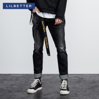 Lilbetter破洞牛仔裤男 新款复古水洗休闲裤韩版修身男士九分裤潮